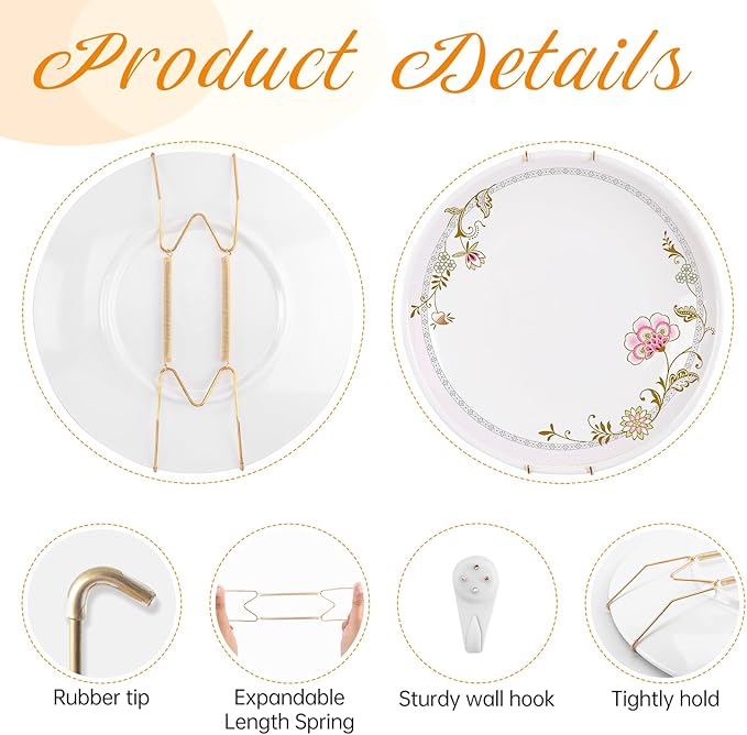 Plate Hangers for The Wall, Suitable for 12-16 inch Decorative Plate, Stainless Steel Wire Plate Holder with Wall Hooks and Rubber tip Protectors, Plate Hangers for Displaying Plates, Platter, Gold