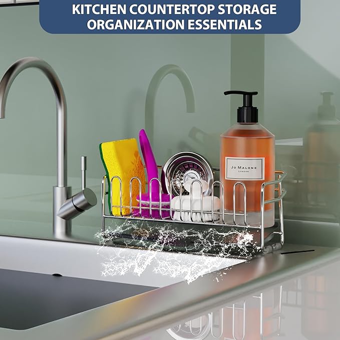 KABUM 304 Stainless Steel Sponge Holder for Kitchen Sink, Compact Sink Caddy with 4 Non-Slip Silicone Pads, Easy to Clean Rustproof 304 Steel, Kitchen Essentials, No-Tools Design (8.27x2.95x3.43)