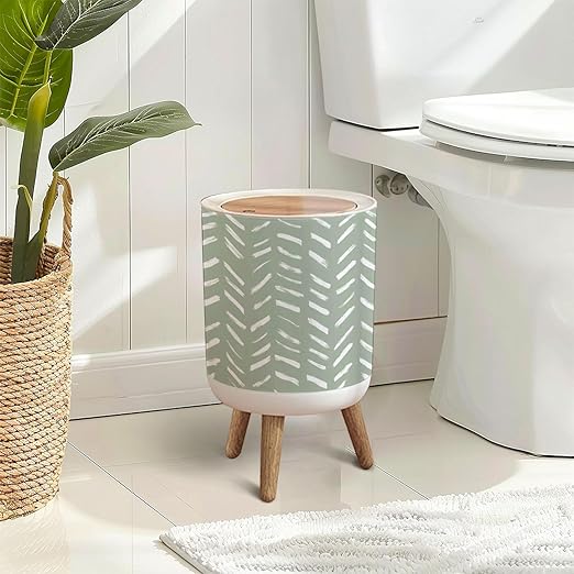 Trash Can with Lid African brush stroke mud cloth fabric Ethnic boho seamless sage green Press Top Round Small Garbage Bin with Wooden Legs Waste Basket for Kitchen Bedroom Nursery 7L/1.8 Gallon