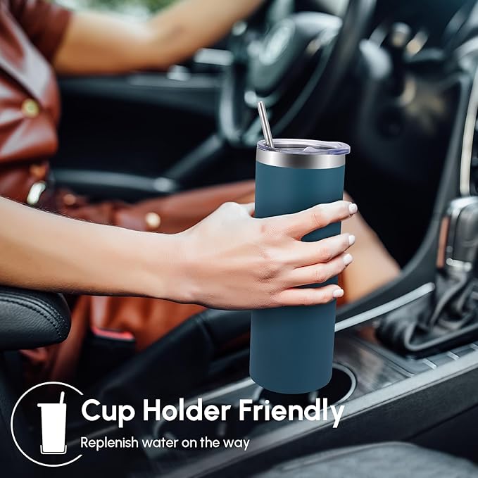 Volhoply 12 Pack Skinny Tumblers with Lid and Straw, 20oz Stainless Steel Straight Tumbler Bulk, Vacuum Insulated Coffee Mug for Home, Office, Travel, DIY (Dark Green,12 Pack)