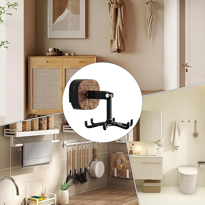 Wall Mounted Rotating Hooks with Suction Cup, Upgraded Suction Cup Hooks 360 Degrees Rotating Folding Adhesive Hooks,Multi-Hook Design for Kitchen Utensils, Tool-Free Installation (2PCS)