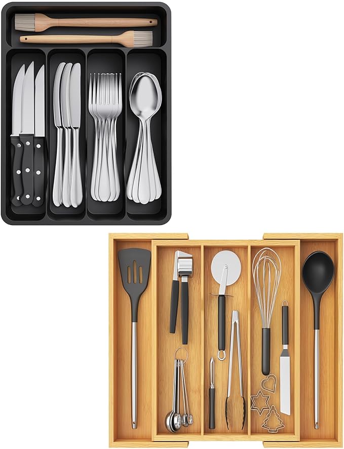 Lifewit Silverware Drawer Organizer Tray,Bamboo Cutlery Silverware Flatware Holder,Flatware and Utensil Holder Divider for Spoons Forks Knives Tableware