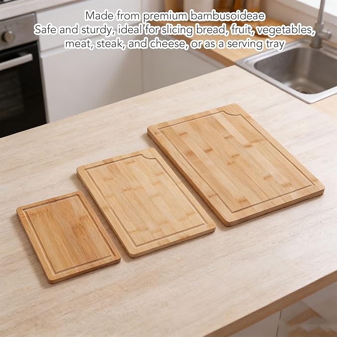 3pcs Wood Chopping Boards, Smooth Cutting Boards Set with Grooves and Inner Handles, for Kitchen, Meat, Vegetables, Cheese