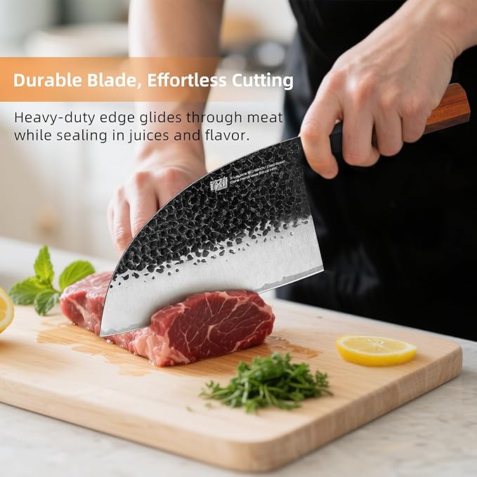 FINDKING Serbian Chef Knife with Leather Sheath, 6.5 Inch High Carbon Steel Cleaver Knife, Hammered Blade, Octagonal Handle, for Meat, Vegetables, Poultry and Light Bones, Dynasty Series