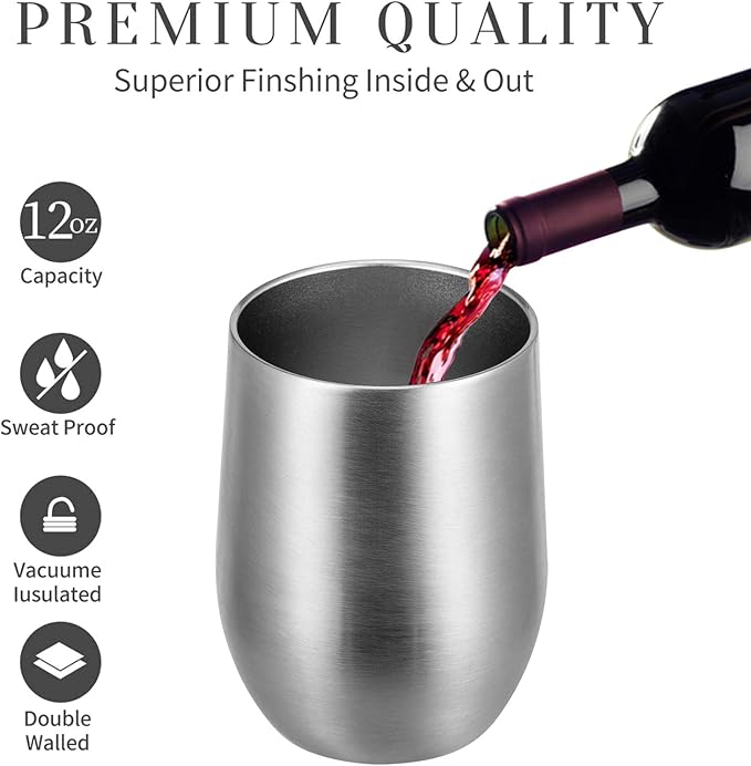 MEWAY 12oz Wine Tumbler 16 Pack Bulk Gifts for Women,Double Wall Vacuum Stainless Steel Travel Mug with Lid,Insulated Stemless Wine Cup Glass for Coffee,Cocktails,Drinks(Sliver,Set of 16)