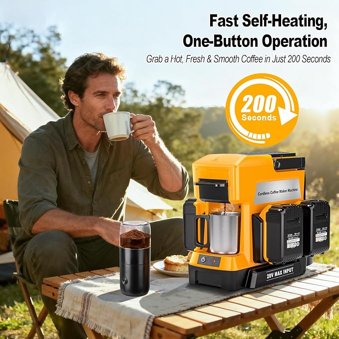 Taingwei Cordless Coffee Maker for Dewalt 20V Battery, Portable Drip Coffee Maker with Electric Coffee Grinder for RV, Camping, Travel, Car, Hiking (Battery Not Included)