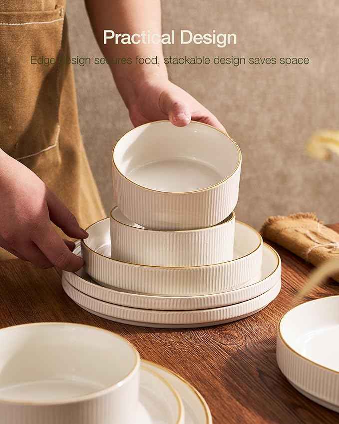 Famiware Star Dinnerware Set with Pasta Bowls, Service for 4 (16pcs), Ribbed Stoneware Plates and Bowls Dishes Sets with Trim - Chip & Scratch Resistant, Microwave & Dishwasher Safe, White