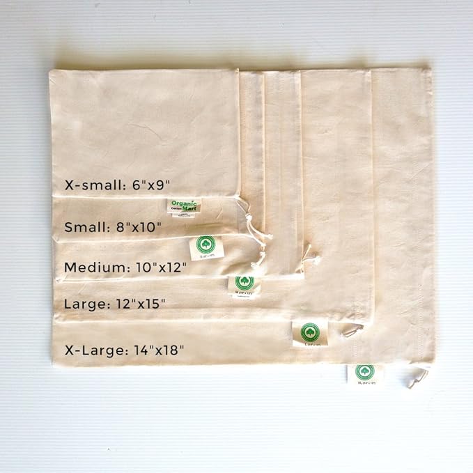 Reusable Produce Bags Cotton Washable - Organic Cotton Vegetable Bags - Cloth Bag with Drawstring - Muslin Fabric Produce Bags - Bread Bag - Set of 6 (2 Large, 2 Medium, 2 Small)