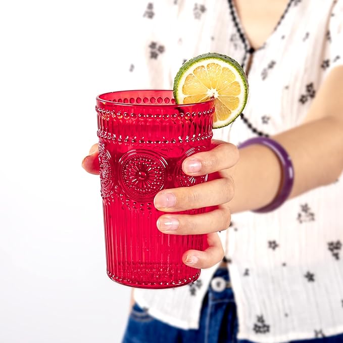 Ciaell 12 Pack Romantic Plastic Water Glasses - 14 Oz Red Vintage Drinking Glasses, Embossed Ribbed Plastic Cups, Textured Striped Set for Juice, Beverages, Beer, Cocktail & Mother's Day