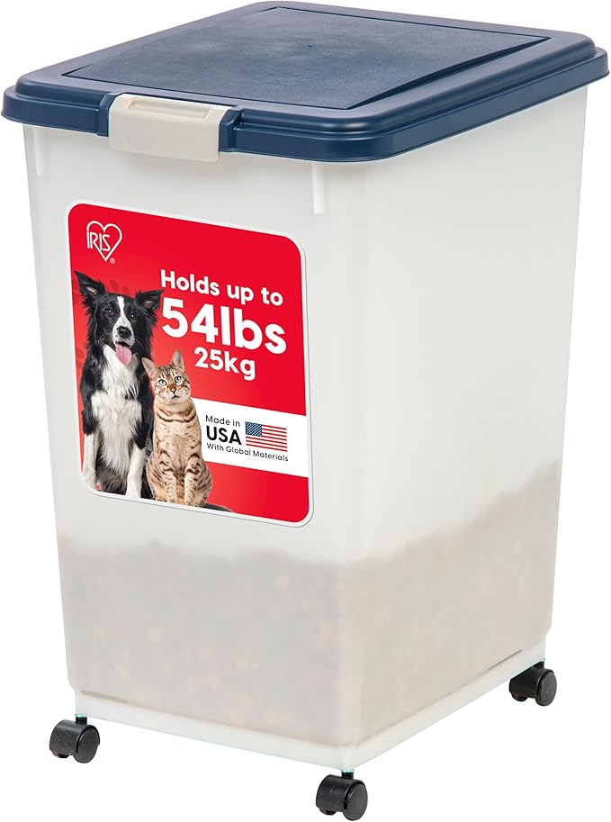 IRIS USA 54 Lbs / 69 Qt WeatherPro Airtight Pet Food Storage Container with Attachable Casters, For Dog Cat Bird and Other Pet Food Storage Bin, Keep Fresh, Easy Mobility, BPA Free, Navy/Pearl