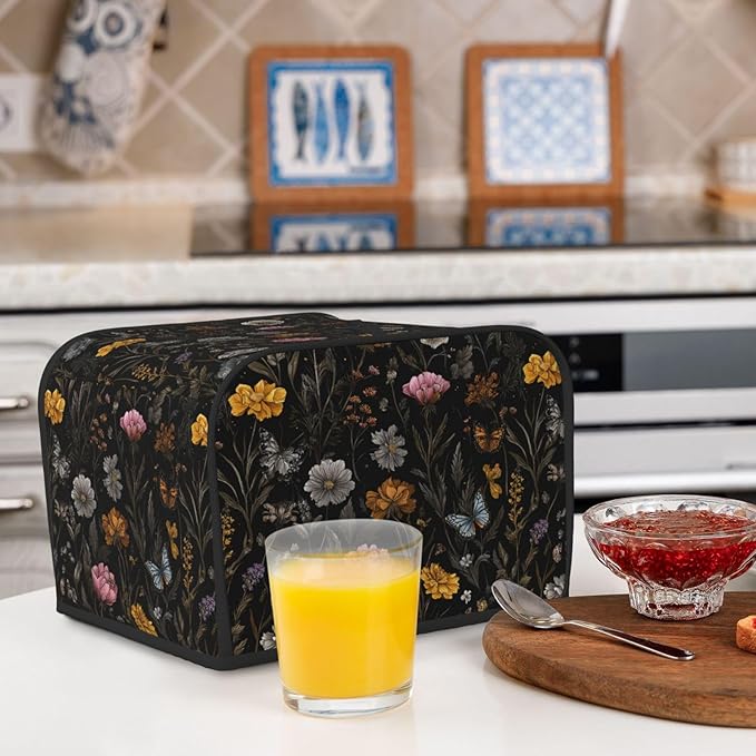 Toaster Cover 4 Slice Flower Butterfly Boho Botanical Kitchen Small Appliance Covers with Pockets Dust and Fingerprint Protection