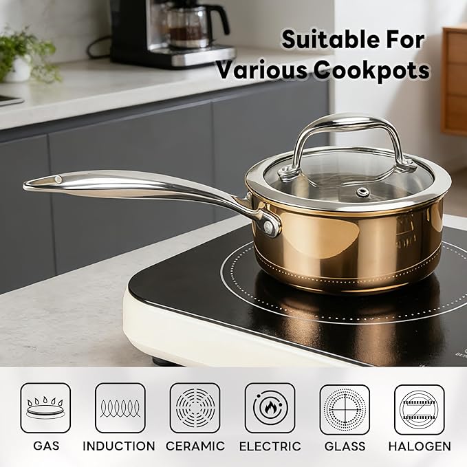 Macevia Sauce Pan with Glass Lid, 18/10 Stainless Steel Pot with Stay-Cool Handle, For All Stoves Multipurpose Use for Home Kitchen or Restaurant (1 Quart)- Rose Gold