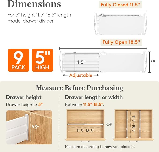 Lifewit 5" Tall 9 Pack Drawer Dividers, 30-47cm/11.5-18.5" Expandable Drawer Divider for Clothes, Adjustable Dresser Drawer Organizers, Drawers Separators for Dresser/Bathroom/Closet/Kitchen White