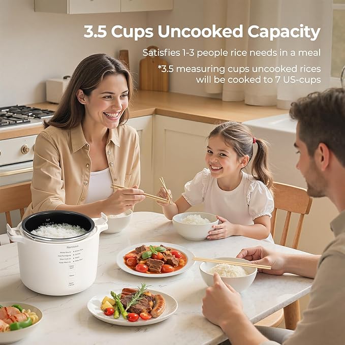 Narcissus 3.5-Cup Rice Cooker for 1-3 People, Multifunctional for Rice, Oatmeal, Quinoa - Slow Cook, Steam, Cook Rice & Steam Dish Together, Rice White