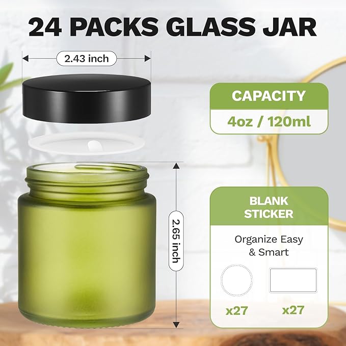Bumobum 24 Pack 4 oz Small Glass Jars with Lids, Green Glass Cosmetic Jars with Inner Liners, 120ml Round Empty Sample Containers for Cream, Powders and Ointments Storage