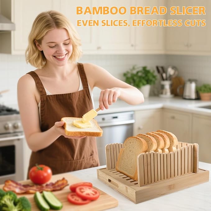 Foldable Bamboo Bread Slicer Tray with Crumb Collector & Adjustable Guide - for Perfectly Even Slices of Homemade, Sourdough & Sandwich Bread (Knife Not Included)