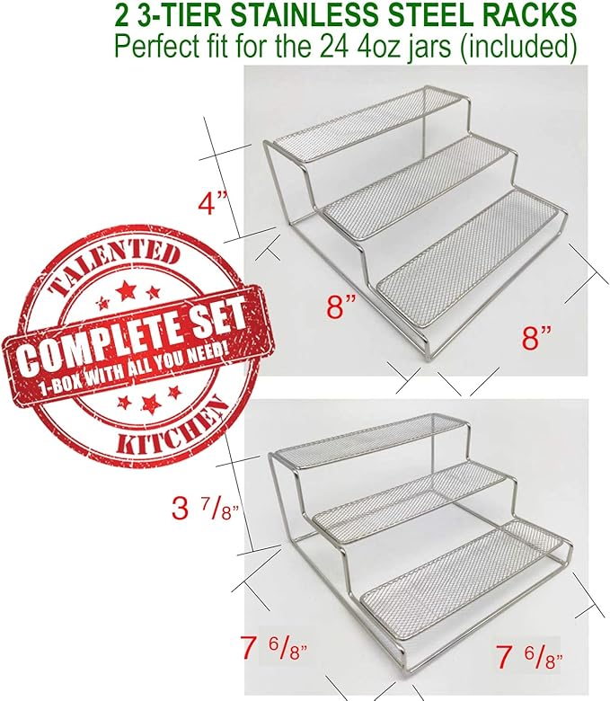 Talented Kitchen 3-Tier Stainless Steel Spice Rack - 24 Square 4oz Glass Jars, Dual Chalkboard & Printed Labels - Cabinet & Countertop Spice & Seasoning Organizer - Kitchen Organizer