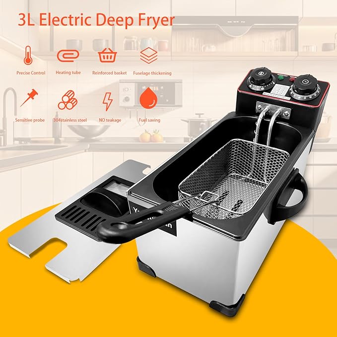 3L Deep Fryer with Basket for Home, 1300W Electric Small Deep Fryer with Temperature Control, Timer Control, View Window Lid, Stainless Steel Body for Restaurant Use