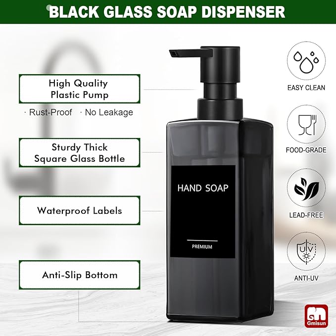 GMISUN Dish Soap Dispenser for Kitchen, 12 fl oz / 350 ml Dual Kitchen Soap Dispensers with Sponge Holder, Transparent Black Glass Kitchen Soap Dispenser Set, Modern Hand and Dish Soap Bottle Set