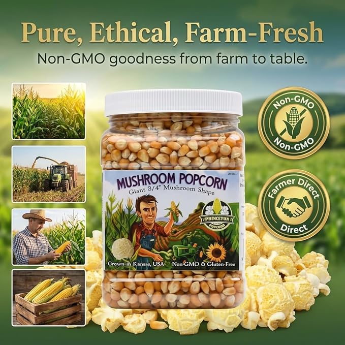 Princeton Popcorn Signature Easy Pop™ Mushroom Popcorn Kernels – New 2026 Ultra-Premium Variety, Pops Large & Round, Easy-Popping with Fewer Hulls, Non-GMO, No Glyphosate, Farmer-Direct, Made in USA (32 oz)