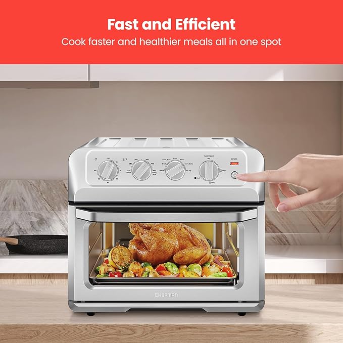 Chefman Air Fryer Toaster Oven XL 20L, Healthy Cooking & User Friendly, Countertop Convection Bake & Broil, 7 Cooking Functions, Auto Shut-Off 60 Min Timer, Nonstick Stainless Steel, Cookbook Included