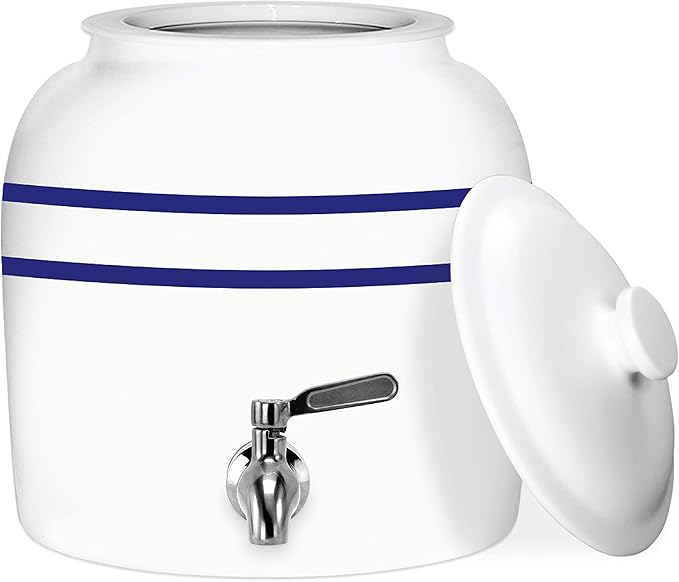 Geo Sports Porcelain Ceramic Crock Water Dispenser, Stainless Steel Faucet, Valve and Lid Included. Fits 3 to 5 Gallon Jugs. (Blue Stripe)