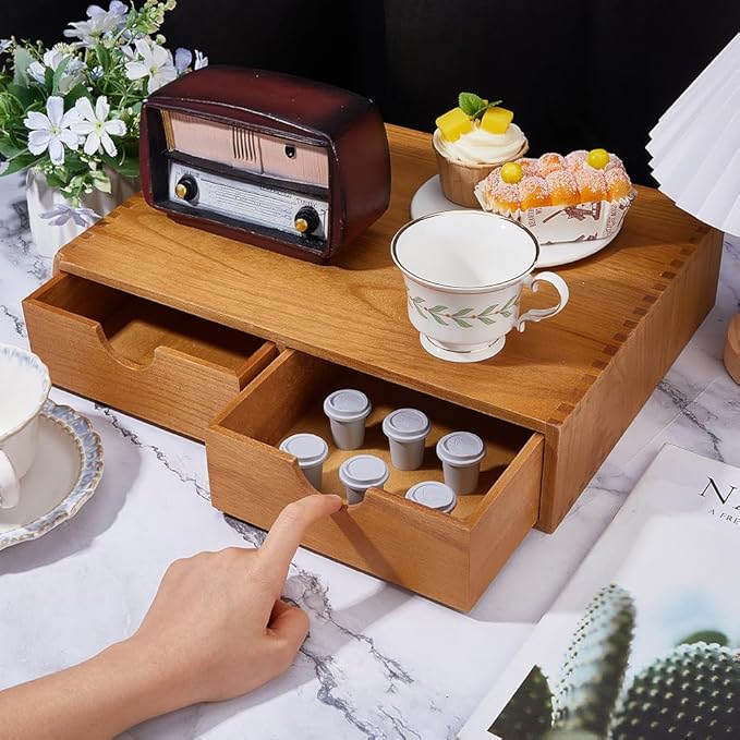 DICOSMETIC Wooden K Cup Organizer Coffee Pod Storage Box 2 Drawer Coffee Capsule Rack Large Capacity Countertop Organizer 39x28.5x8.3cm No Assembly Required Multi Purpose Kitchen Office Bar