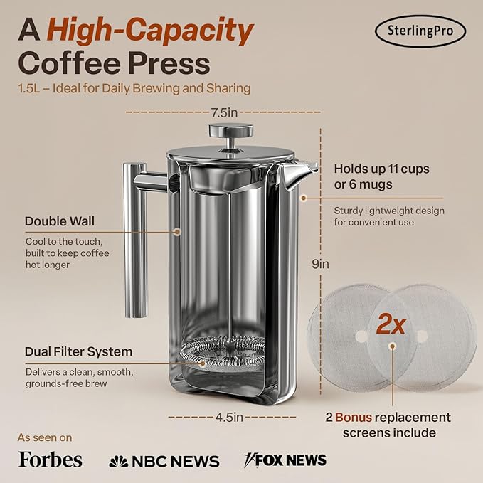 SterlingPro Stainless Steel French Press Coffee Maker 1.5 L (51 oz) Mirror – Double Walled Insulated Large Coffee Press, Durable Design Keeps Drinks Hot, Easy to Use and Clean for Rich Flavor Brewing