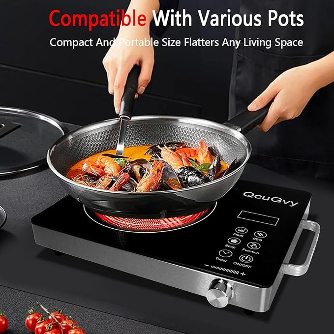 14" Portable Infrared Burner 3500 Electri Burner with 3 Hours Timer-Electric Hot Plate Touch Control Panel Adjustable Heating Power Glass Plate Electric Cooktop for Cooking (Black)