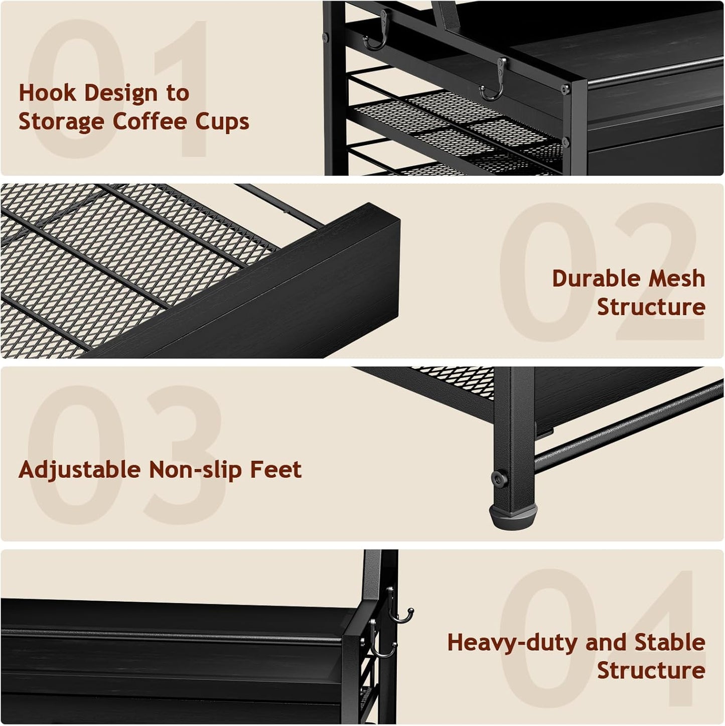 Coffee Syrup Rack Organizer - 4-Tier 8 Syrup Wine Bottles Stand with 82 Storage Drawer for K Cups, Coffee Pod Holder for Countertop, Bar Station, Kitchen, Black