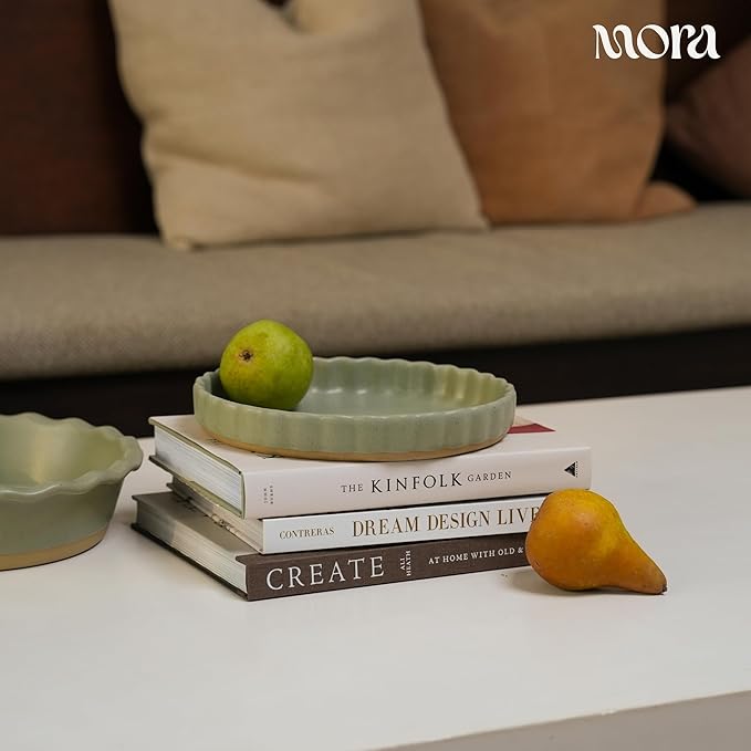 MORA Ceramic Tart Pan, 9.5 Inch Large Porcelain Baking Dish for Tarts, Quiche, Pie, Flan etc. Fluted Ruffled Edge, Oven, Microwave, Freezer, and Dishwasher safe - Great Gift For Bakers - Thyme
