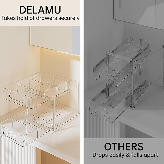 Delamu 2 Tier Snap-Lock Bathroom Under Sink Organizers and Storage, Multi-Purpose Cabinet Drawers with Movable Dividers, Pull Out Organization for Countertop, Kitchen and Pantry(Clear, 4 Pack)