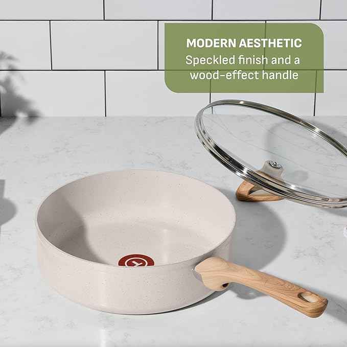 T-Fal Revive Ceramic Nonstick Cookware Set, Oven Safe Up to 350ºF, 12-Piece, Includes Stockpot, Saucepan, Skillet, Frying Pans, Utensils, Ceramic Pots and Pans Set, Beige Granite