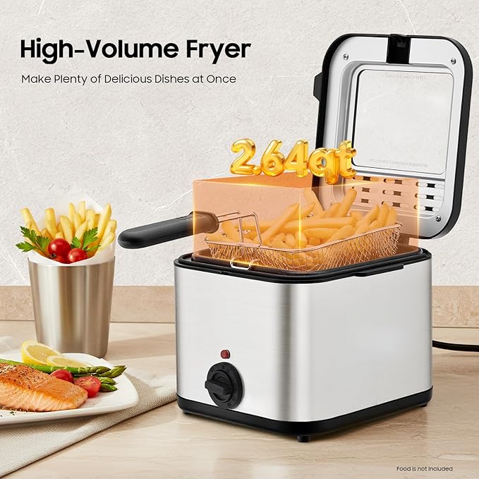 1000W Deep Fryer with Basket, 2.64QT Stainless Steel Electric Deep Fryer for Home Use, Fryer with Adjustable Temperature 176-374°F & Detachable Basket for Chicken, French Fries, Shrimp, Donuts