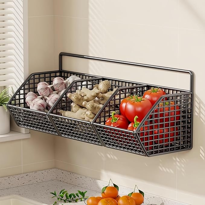 Hanging Wire Fruit Basket with Adhesive Hooks, Hanging fruit baskets for Kitchen counter, Wall basket for Home Bathroom Pantry, Space Saving Hanging Baskets for Organizing Wall Mount Storage