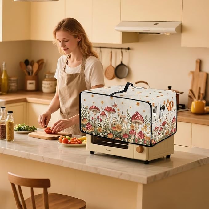 Air Fryer Toaster Oven Cover Fabric Convection Oven Cover with Pockets, Washable Small Appliance Dust Protection for Kitchen Home, S, 14.5 x 18.5 x 9 Inches, Mushroom Floral