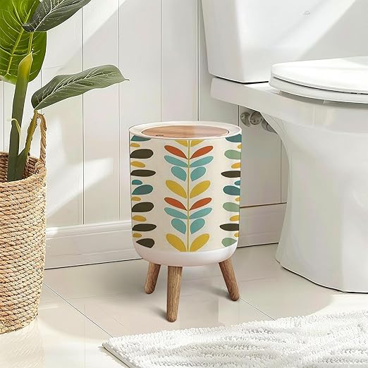 Trash Can with Lid Midcentury geometric retro Vintage brown mustard yellow teal colors Press Top Round Small Garbage Bin with Wooden Legs Waste Basket for Kitchen Bedroom Nursery 7L/1.8 Gallon
