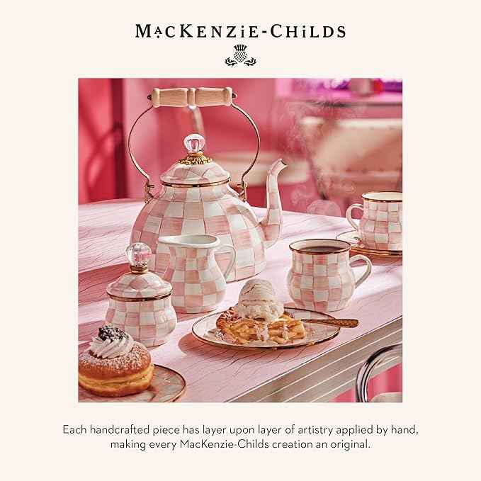 MACKENZIE-CHILDS Tall Enamel Vase, Unique Flower Vase, Bouquet Vase Decor for Living Room, Pink-and-White Rosy Check
