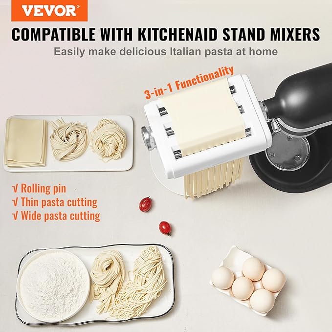 VEVOR Pasta Maker Attachment for KitchenAid Stand Mixer, 3 in 1 Pasta Attachments Including Pasta Roller, Spaghetti Fettuccine Cutter and Cleaning Brush, Pasta Machine Attachment Accessories for KA