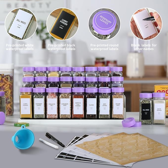 48 Glass Spice Jars with Labels, Spice Jar Set, 4oz Spice Containers, Seasoning Containers with Purple Airtight Lids and Shaker Lids, Square Empty Spice Bottles, 492 Labels, 1 Funnel