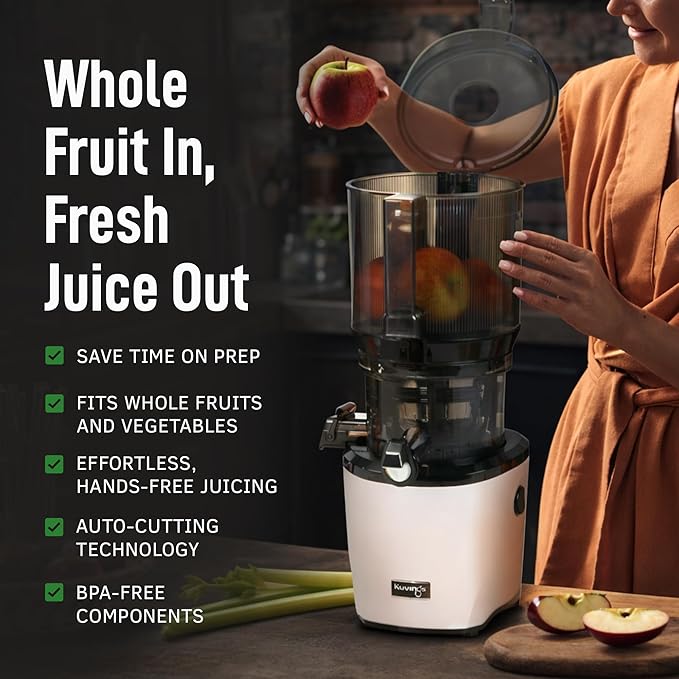 Kuvings AUTO10 Cold Press Juicer Machine – Self-Feeding for Hands-Free Use – Easy to Clean, Quiet 240W Motor, 100 oz Large Masticating Juicer – Designed for Silky Juice with Low Pulp – Silver