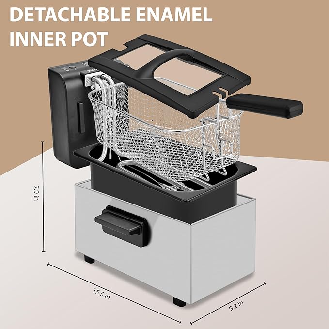 Pukomc Deep Fryer 3 Liter Capacity,1500W Oil Fryer with Adjustable Temperature,Viewing Window,Detachable Frying Basket,Made of Stainless Steel Material and Easy to Clean