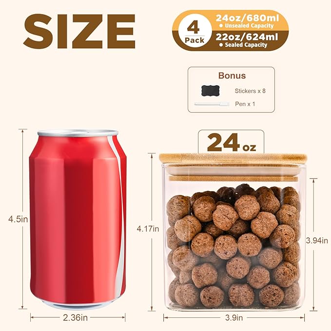SHOWIN Glass Food Storage Jars Square 24oz, 4 Pack Glass Jars With Bamboo Lids, Kitchen Storage Containers For Spice, Candy, Cookie, Storage For Pantry Organizers