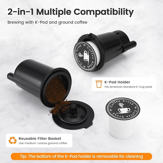 Horavie Single Serve Coffee Maker for K-Cup Pod and Grounds, Hot & Iced Coffee Maker, Strong Button Feature, 6 to 14oz Brew Sizes, 50oz Removable Reservoir, Fit 6.5" Mugs, Stainless Steel, Red