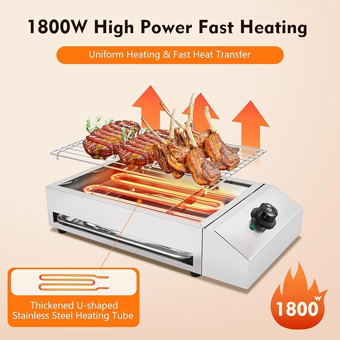 1800W Countertop Electric BBQ Grill Commercial and Home use Stainless Steel Barbecue Griddle Smokeless Portable Cooking Oven for Indoor Outdoor Picnic 122° F to 572°F for Burgers, Fish, Steak