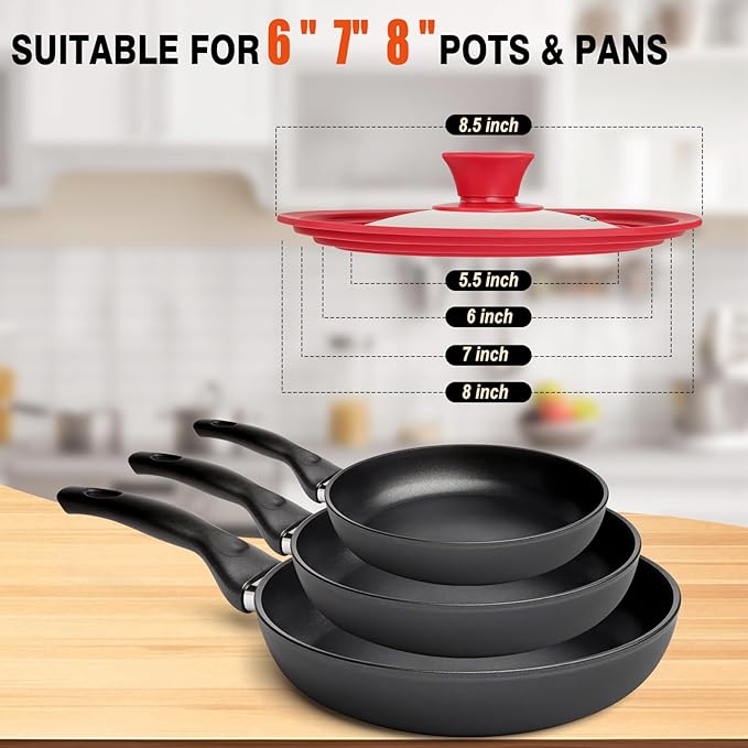 Universal Lids for Pots, Pans and Skillets, Replacement Pan Lid with Tempered Glass and Heat-Resistant Silicone Edge, Fits 6", 7",8" Cookware, Durable Frying Pan Cover
