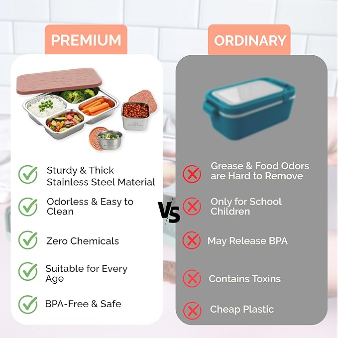 Stainless Steel Lunch Box for Kids 5 and Older – 3 Pieces Stainless Steel Bento Box with 4 Compartments & 2 Snack Containers – Leak Proof, BPA-Free, Eco-Friendly, Dishwasher Safe & Durable – Pink