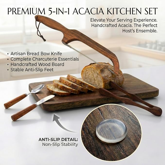 Bread Bow Knife and Cutting Board Set, 16" Serrated Stainless Steel Slicer for Homemade Sourdough & Artisan Bread, Ambidextrous Bread Slicing Kit with Crumb Tray, Bread Tong, Butter Knife, Jam Spoon