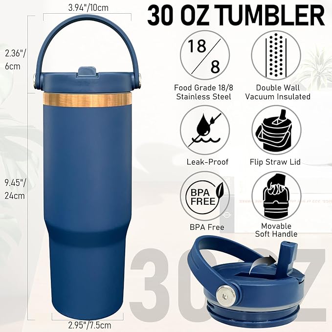 30 oz Tumbler with Handle and Straw, Vacuum Insulated Tumblers with Flip Straw and Top Handle, Leakproof Powder Coated Tumbler, Stainless Steel Travel Mug for Coffee Water (Navy, 1 Pack)