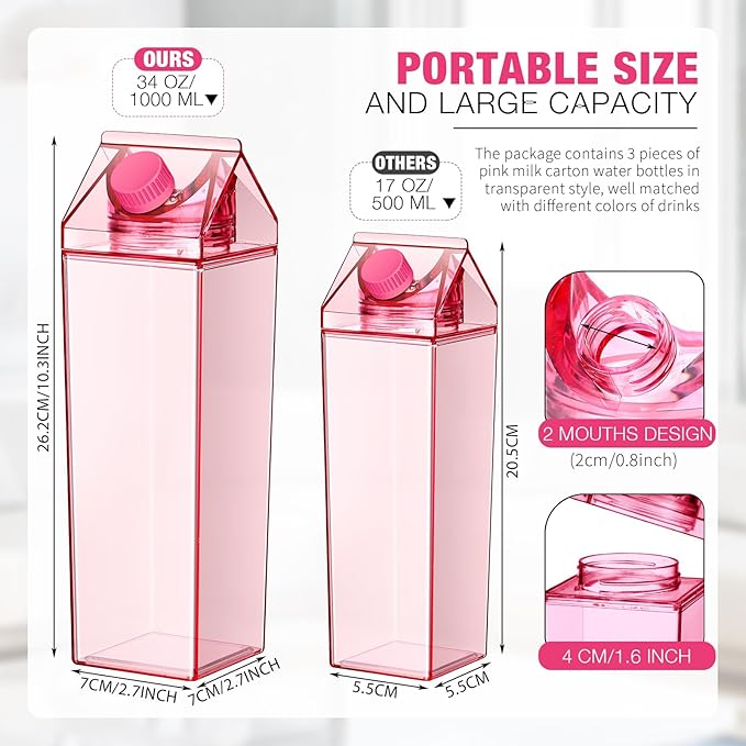 Remerry 3 Pcs Milk Carton Water Bottle Square Plastic Coffee Portable Reusable Milk Carton Cup Leakproof Juice Bottle
